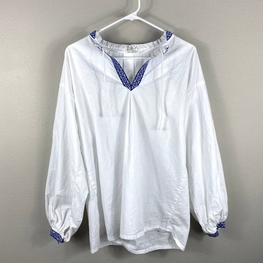 Made in Finland lagenlook cotton and linen white and blue peasant top size xl